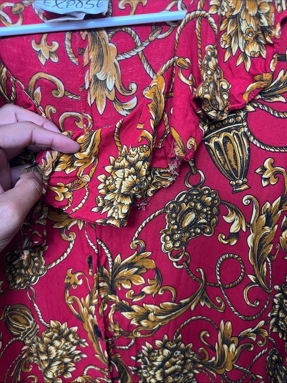 Red Floral Scroll Ruffle Button-Down Blouse - Picture 4 of 9